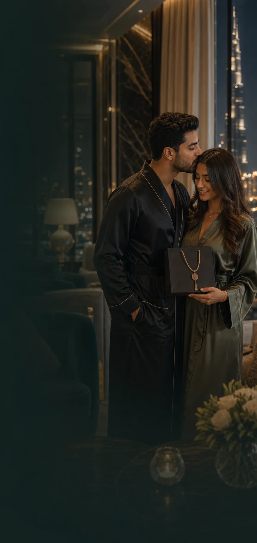 Elegant UAE couple receiving a discreet private wellness concierge package